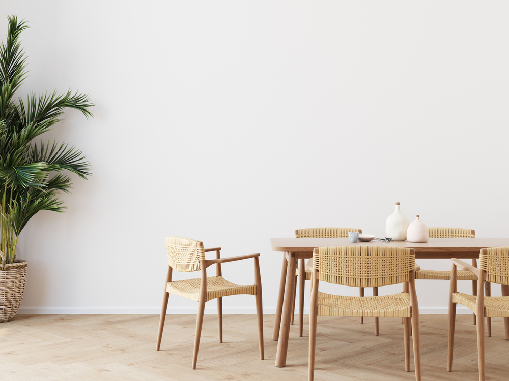 Dining,Room,Wall,Mock,Up,With,Areca,Palm,,Dining,Set,