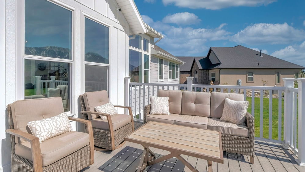 Panorama,White,Puffy,Clouds,Outdoor,Patio,On,A,Wooden,Deck